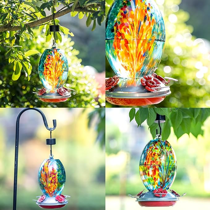 Muse Garden Glass Humming Bird Feeders for Outdoors - 27OZ Blown Glass Hummingbird Feeder - Unique Gift Mom Women, Outdoors Hanging Garden Decor, Includes Ant Moat & Brush, Blue Fireworks