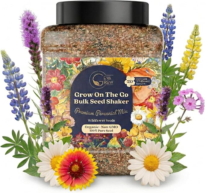 Bulk Wildflower Seed Shaker – Perennial Flower Seeds Mix to Plant Anywhere, by Geva Grow | 20 - Different Type Beautiful Perennial Wildflower Seeds Bulk 900,000+ Seeds, 1 Pound Tub