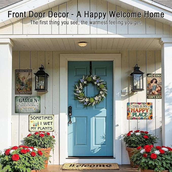 Garden Decor Welcome Sign for Patio She Shed Decor - Outdoor Wall Decor Art Garden Signs, This Is My Happy Place Welcome Door Sign 12x8 Inch