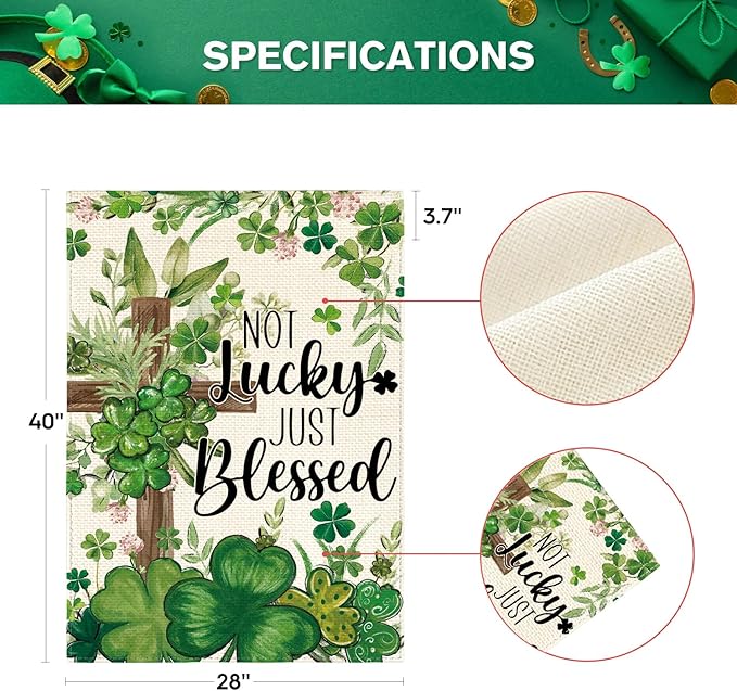 AVOIN colorlife St Patricks Day House Flag 28x40 Inch Double Sided Outside, Not Lucky Just Blessed Shamrocks Clovers Cross Yard Outdoor Flag