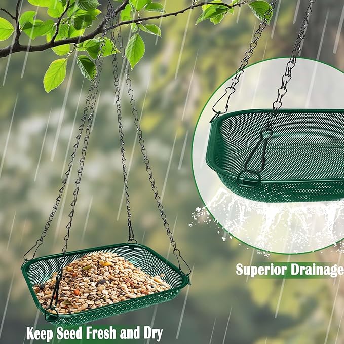 Platform Hanging Bird Feeder for Outdoors – Metal Mesh Seed Tray to Attract Wild Birds, Rectangle 12 x 8 in, Green