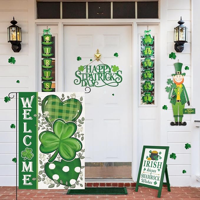 LosFong Welcome St Patricks Day Garden Flag 12x18 Inch Double Sided Lucky Clovers Shamrocks Small Yard Flag for Outside Decoration