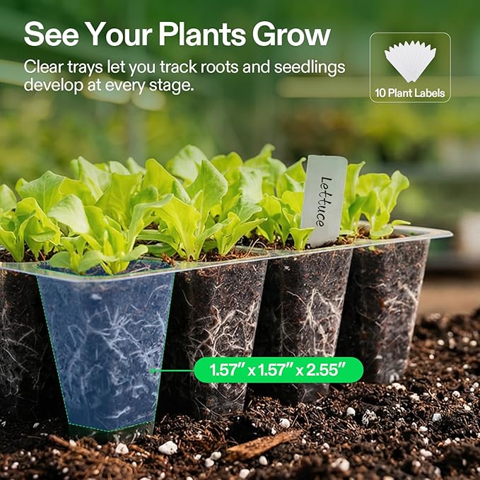 VIVOSUN 12-Pack Seed Starter Trays, 144-Cell Seed Starter Kit with Humidity Dome, Flat Reusable Plant Germination Trays with Drain Hole, Green Propagation Tray for Planting Seeds