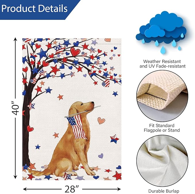Louise Maelys 4th of July Garden Flag 28x40 Double Sided, Small Burlap Welcome Patriotic Golden Retriever Dog Yard House for Memorial Veterans Independence Day Outdoor Decor
