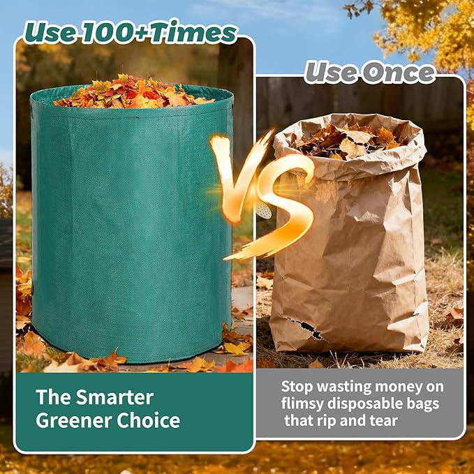72 Gallon Reusable Leaf Bags, 2 Pack Heavy Duty Yard Waste Bags with Handles, Extra Large Compost Garden Bags for Lawn Leaf Collection, Grass Clippings, Weeds, Yard Clean Up