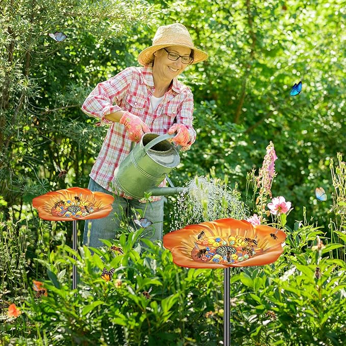 Bee Butterfly Watering Station, 4 Prongs Base Stake Butterfly Bee Feeder for Garden with Glass Marbles, Bee Bath with Vivid Flower Design for Garden Yard Patio Decor (Orang Yellow)
