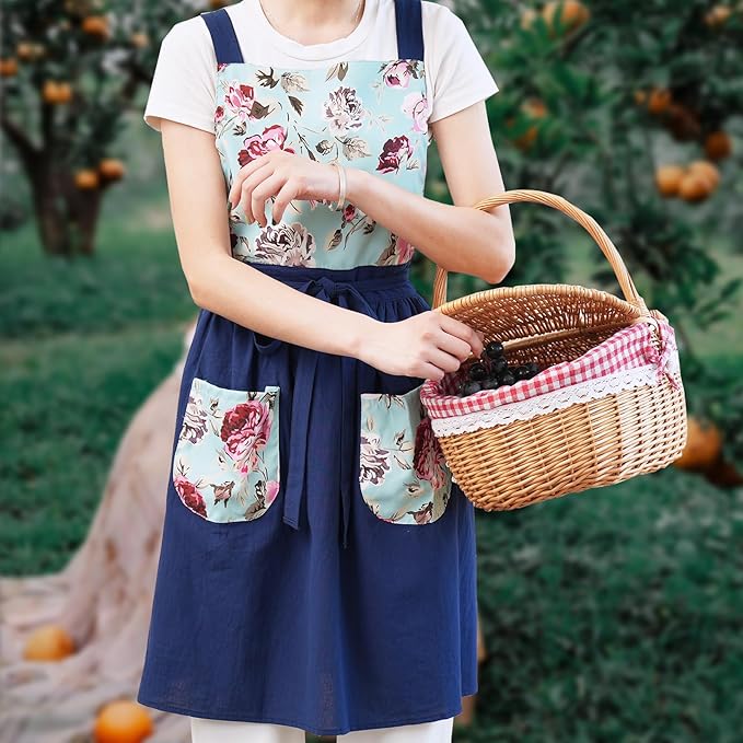 Vintage Pinafore Apron Dress for Women with Pockets Cute Floral Chef Aprons for Kitchen Cooking Baking Gardening
