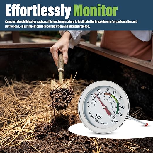 Compost Thermometer Stainless Steel Dial - Ideal Composting Soil Thermometer with 50MM Diameter C and F Dial and 295MM Compost Temperature Gauge Probe