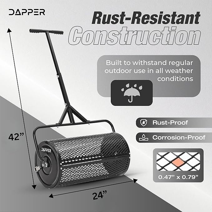 Compost Spreader, 24.4-25.6" Height Adjustable Handle, 24" Wide, Lawn and Garden Peat Moss Roller with Side Latches, Powder Coated Steel Mesh Basket for Spreading Manure, Topsoil, Black
