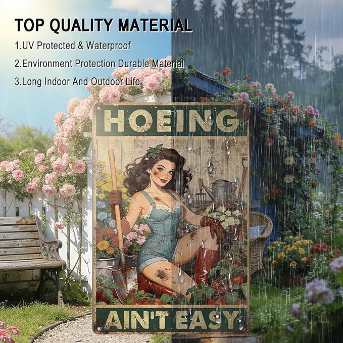 Funny Garden Signs for Outside Garden Decor Wall Art - Gardening Gifts for Women Plant Lovers Gardeners Green House Decor, Hoeing Ain't Easy Sign 12x8 Inch