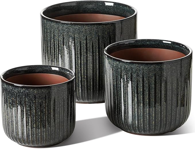 LE TAUCI Fluted Ceramic Pots for Plants, 8.3/7/6 Inch Indoor Planters with Drainage Holes & Mesh, Modern Glossy Glaze Cylinder Plant Pot for Snake Plant, Set of 3, Slate Olive