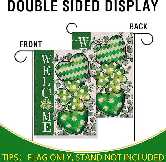 Artofy Welcome St Patricks Day Small Decorative Garden Flag, Lucky Shamrock Clover Love Heart Yard Outside Decor, Irish Spring Polka Dots Stripes Burlap Outdoor Home Decoration Double Sided 12 x 18