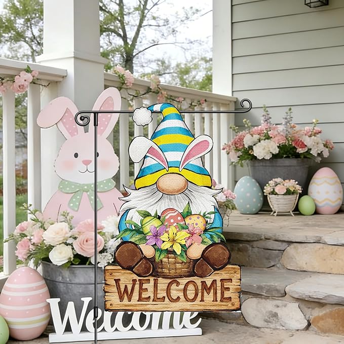 Heyfibro Welcome Easter Garden Flag Banner Double Sided 12.6x18.9 Inch Bunny Gnome Garden Flag Small Yard Flags for Outside House Farmhouse Holiday Easter Outdoor Decorations