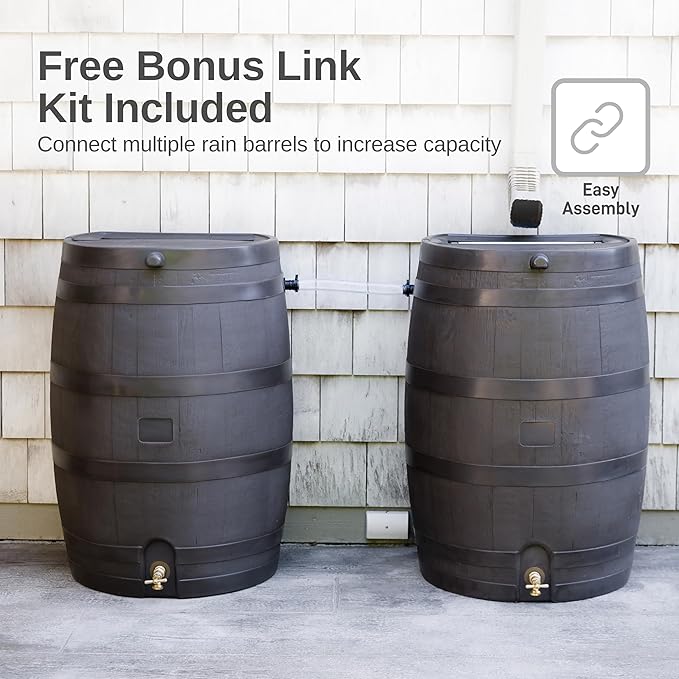 RTS Home Accents 50-Gallon Rain Barrel with Link Kit, Flat Back Rain Water Collection Barrel, Link Kit Included, Walnut Color (2 Pack)