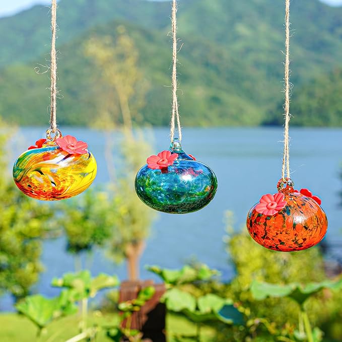 Set 3 Small Blown Glass Hummingbird Feeders for Outdoors Hanging with 2 Flower Feeding Ports 3inch Glass Humming Bird Feeders Garden Decor for Outside