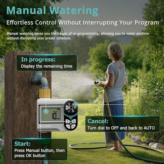 QUOBAS Ball Valve Sprinkler Timer, Programmable Water Timer for Garden Hose Faucet with Brass Ports, Rain Delay/Manual/Automatic Irrigation System, Zero Water Pressure Watering Compatible Rain Barrel
