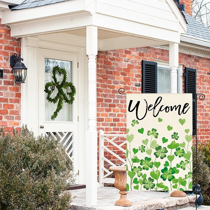 AVOIN colorlife St Patricks Day Welcome Garden Flag 12x18 Inch Double Sided Outside, Shamrocks Clovers Floral Yard Outdoor Decoration