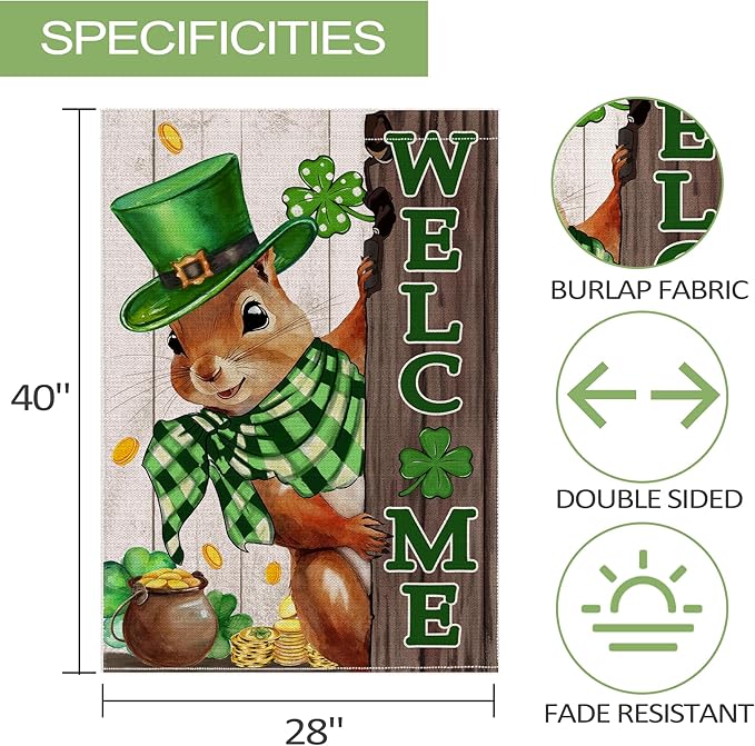 St Patricks Day Flag 28x40 Inch Double Sided Outside, The Squirrel Lucky Shamrock Burlap Flags Decorations, Green Hat with Clovers Gold Coin Pot Outdoor Decor