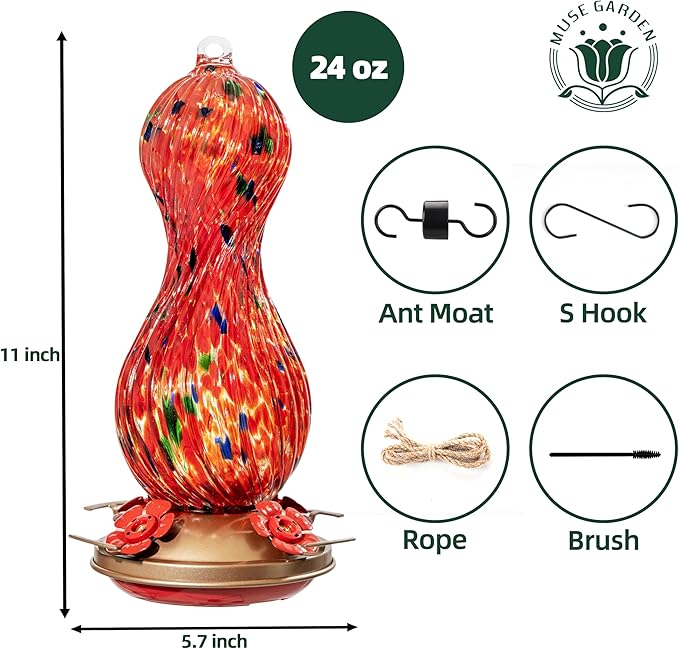 Hummingbird Feeder for Outdoors Hanging, Hand Blown Glass 24 OZ Capacity Hummingbird Bird Nectar Feeders with 4 Feeding Ports, Gifts for Women Mom Outside Garden Backyard Decor (Red-Green)