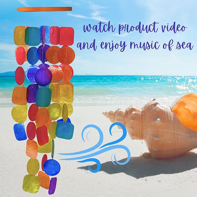 Bellaa Handmade Wind Chimes Outdoor, Musical, Garden Decorations, Beach, Ocean, Breeze, Gifts for Mom, Outside Windchimes, 63pcs, Capiz, Shells, Sea, Glass, Wood, Rainbow