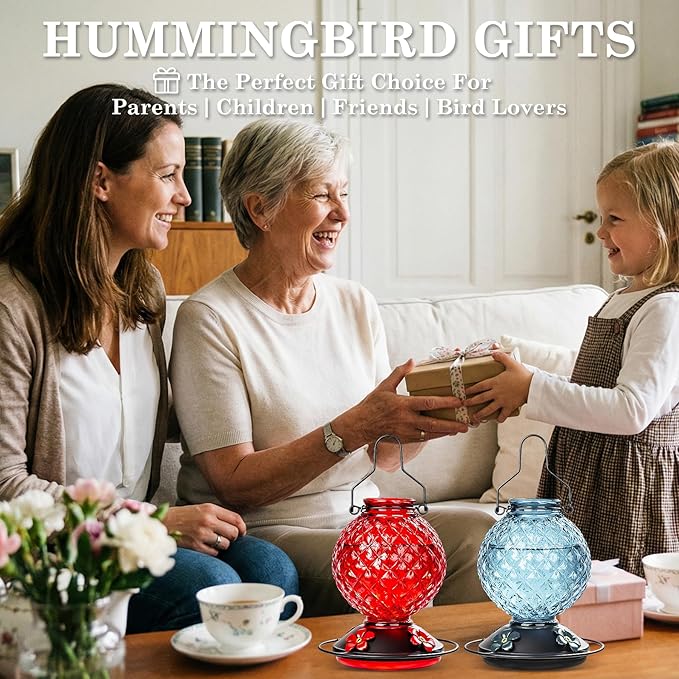 Glass Hummingbird Feeder for Outdoors Hanging, 25 OZ Humming Bird Nectar Feeder with 4 Bee Guard Feeding Ports & Built-in Ant Moat, Bird Feeder for Outside, Gifts for Women Mom, Red