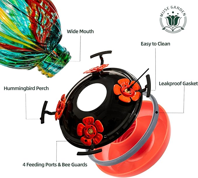 Hummingbird Feeder for Outdoors Hanging, Hand Blown Glass 24 OZ Capacity Hummingbird Bird Nectar Feeders with 4 Feeding Ports, Gifts for Women Mom Outside Garden Backyard Decor