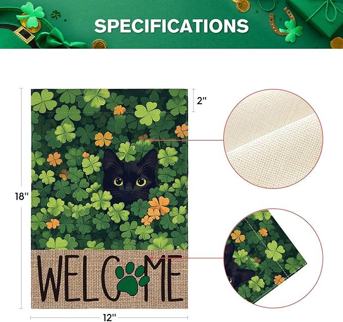 AVOIN colorlife St Patricks Day Garden Flag 12x18 Inch Double Sided Outside, Black Cat Welcome Shamrocks Holiday Yard Outdoor Flag