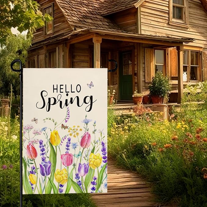 Hello Spring Tulip Garden Flag 12x18 Inch Double Sided Flowers Garden Flags Seasonal Summer Floral Yard Flags for Outside Farmhouse Outdoor Decorations