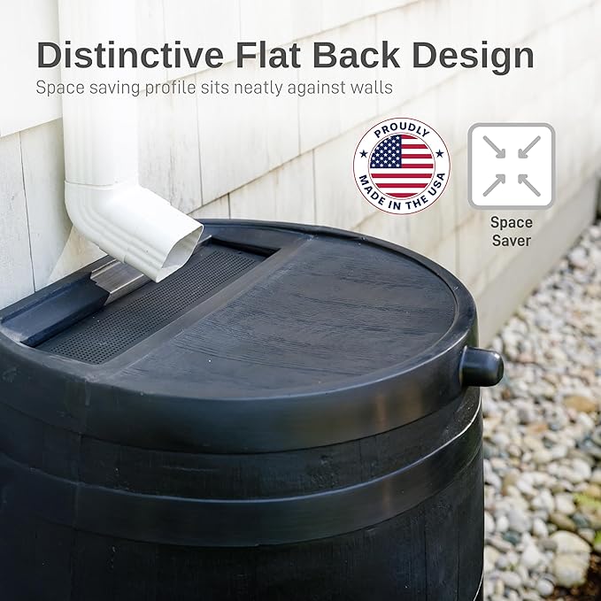 RTS Home Accents 50-Gallon ECO Rain Barrel Made with 100% Recycled Plastic, Flat Back Rain Water Collection Barrel, Soaker Hose Included, Black