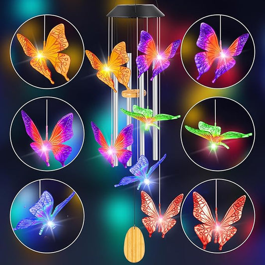 Womens Gifts for Christmas Wind Chimes Gift for Mom Birthday Gifts for Women Mom Butterfly Wind Chimes for Outside Gift for Grandma Solar Lights Garden Outdoor House Patio Décor
