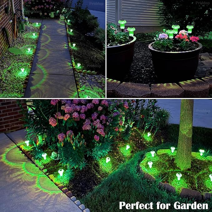 Solar Lights Outdoor Pathway Waterproof 8 Pack Green Stake LED Green Stake Acrylic Mushroom Decorative Garden Lights for Yard Landscape Patio Outside Decor