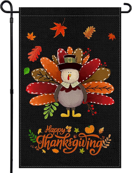 Fall Thanksgiving Turkey Garden Flag 12x18 Inch, Double Sided Bless Harvest Holiday Burlap Yard Flag for Outdoor Decoration