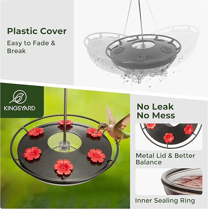 Kingsyard 12 oz Hummingbird Feeder with Rain Guard Dome, Leak-Proof Saucer Nectar Feeder for Outdoors Hanging, Built-in Ant Moat & 6 Bee-Proof Ports, Easy to Refill & Clean, Black