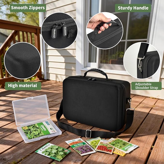 [Boobowl] 36 Slots Seed Storage Organizer, Hard Shell Seed Holder with Labels, Dry Storage Container for Garden Vegetable Seeds, Sturdy Carrying Bag with Handle and Shoulder Strap(Box Only)