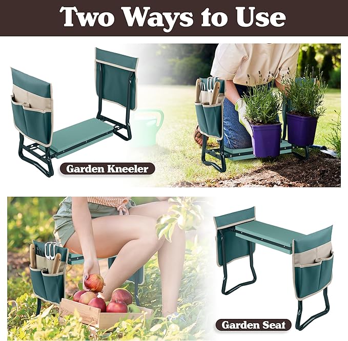 Garden Kneeler and Seat - 2-in-1 Foldable Garden Kneeling Pad and Stool with Removable Pockets for Gardening Tools - Gardening Gifts for Women, Mom, Dad, Seniors or Grandparents by Pure Garden (Green)