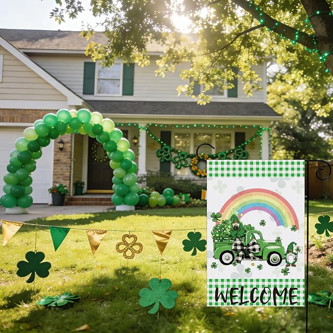 St Patrick's Day Garden Flag, 12x18 Inch Lucky Clovers Bow Double Sided Flag for Courtyard Decoration, St Patrick's Day Cute Truck Gnome Outside Banner Party Decorations for Home