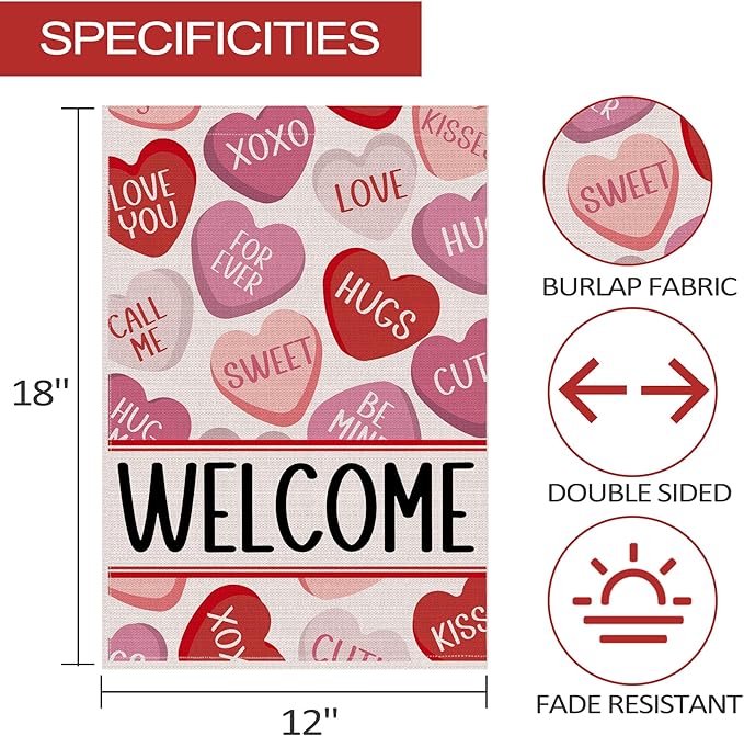 Valentines Day Garden Flag 12x18 Inch Double Sided, Love Hearts Welcome Valentine Decorations Burlap Garden Flags Rustic Anniversary Yard Outdoor Farmhouse Outside