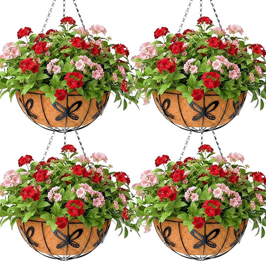 Metal 10 inch Round Planter, 4 Pack Hanging Wire Basket with Coco Fiber Liners for Outdoor Plants, Garden, Patio, Deck, Porch
