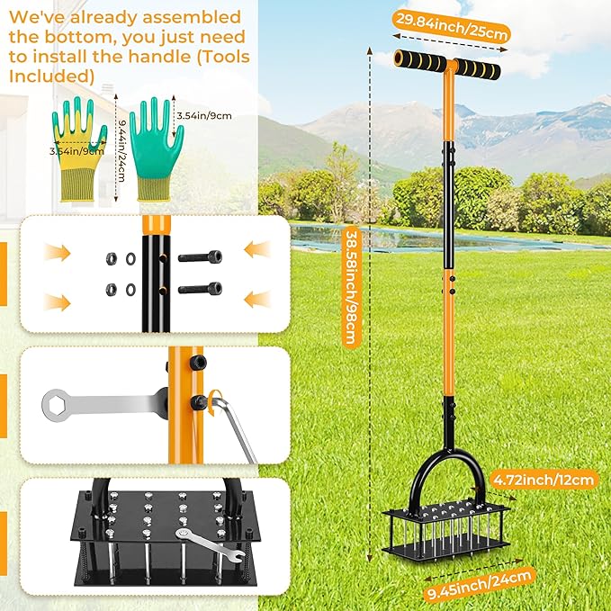 Lawn Aerator, Aerator Lawn Tool with 16 Spikes Spring Base and Gloves Pre-Assembled Manual Yard Aerator Tool Automatic Leaf and Dirt Cleaning for Yard Lawn Garden Aeration