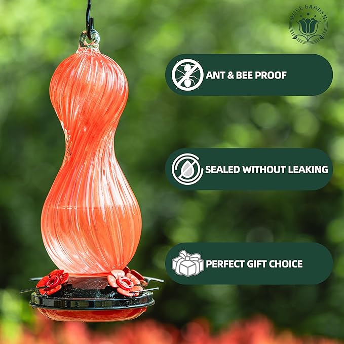 Hummingbird Feeder for Outdoors Hanging, Hand Blown Glass 24 OZ Capacity Hummingbird Bird Nectar Feeders with 4 Feeding Ports, Gifts for Women Mom Outside Garden Backyard Decor