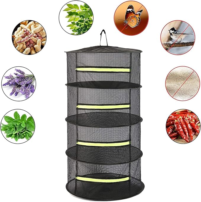 2ft 4-Layer Herb Drying Rack with Zipper, Collapsible Hanging Mesh Plant Dryer Net Basket with Garden Gloves, Pruning Scissors & Hook for Drying Seed, Bud, Hydroponic Plants