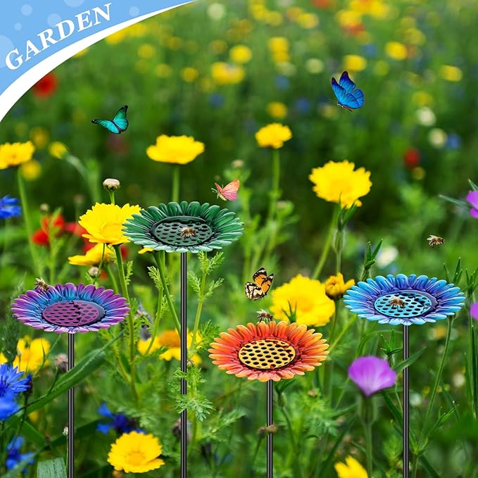 4 Pack Large Bee Watering Station 8.8'' for Bee Garden Anti Drowning Metal Pollinator Water Feeder Flower Butterfly Bath Bowl Colorful Bird Gardening Decoration, Rust Proof