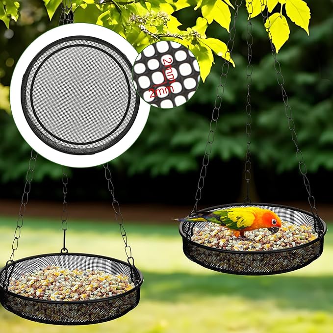 4 Pieces Hanging Bird Feeder Tray Platform Metal Mesh Feeder Seed Platform for Bird Feeding Outside Outdoors Wild House Hanging for Attracting Birds, Black(Round)