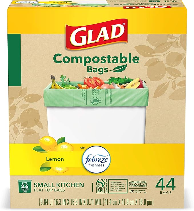 Glad Trash Bags, Kitchen Compost Bags 2.6 Gallon Garbage Bags, 100% Compostable Bag, Febreze Lemon, 44 Count (Package May Vary), Light Yellow