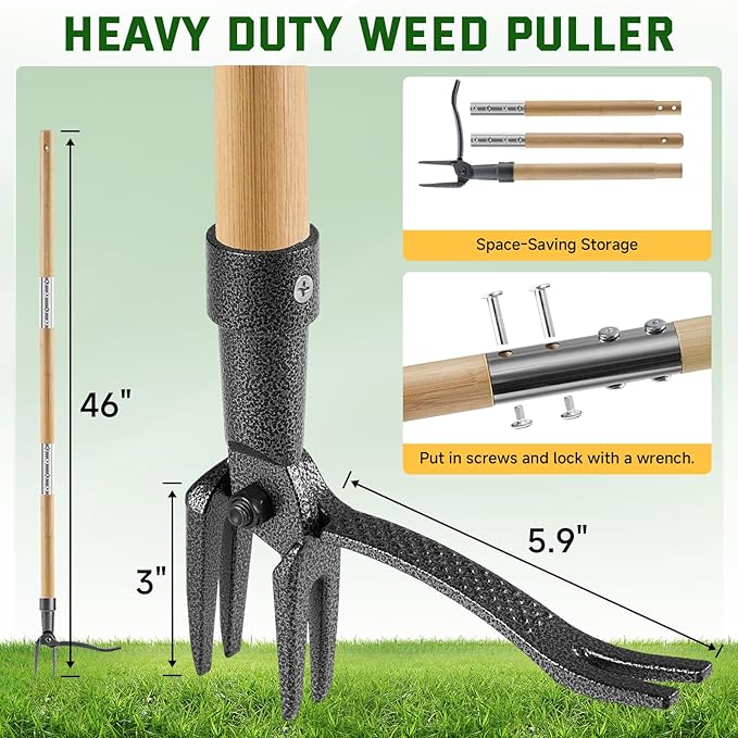 Weed Puller Tool, Stand Up Heavy Duty Weed Remover Tool with Long Handle & 4-Claw Steel Head, Bamboo Garden Hand Weeding Tool - Easily Remove Weeds Without Bending, Pulling,or Kneeling