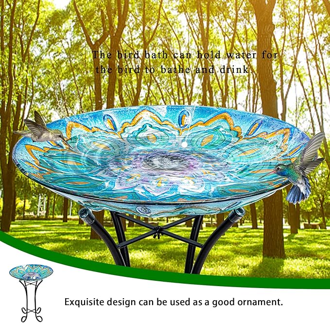 Glass Bird Bath Outdoor with Metal Stand for Lawn Yard Garden Decor Solar Large BirdBath Peacock Bird Feeder