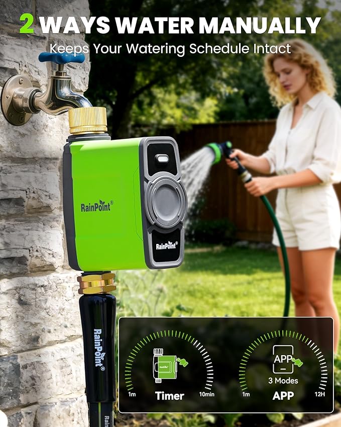 RAINPOINT WiFi Water Timer for Garden Hose, WiFi Sprinkler Controller, Smart Hose Timer Valve, Automatic Drip Irrigation System/Rain Delay for Garden/Lawn/Yard (Brass Inlet, No Gateway)
