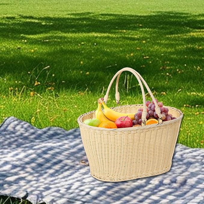 MYCENSE Wicker Picnic Storage Basket with Foldable Handle, PP Woven Empty Picnic Baskets, Sturdy Iron Wire Frame, Versatile Harvest Basket for Camping, Beach, Park, Halloween, C 35x27x17cm
