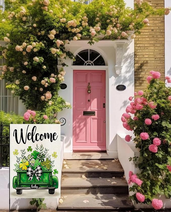 St Patricks Day Truck Garden Flag 12x18 Inch Double Sided Outside Shamrocks Clovers Welcome Yard Flag for Outdoor Farmhouse Holiday Outside Decoration