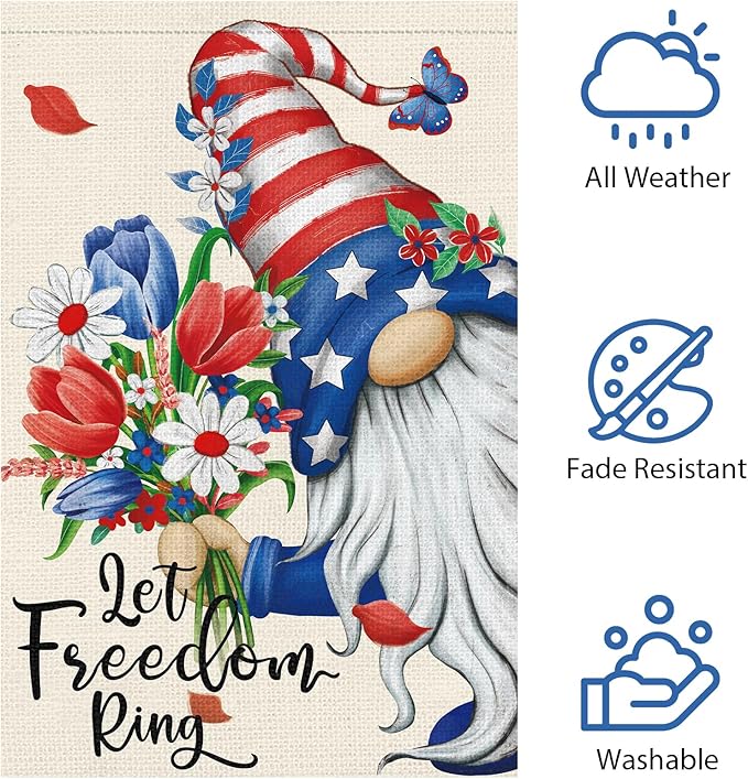 Let Freedom Ring Garden Flag 12x18 Inch Double Sided Burlap, 4th of July Gnome Garden Flags Patriotic Memorial Day Flower Yard Flag for Independence Day Outdoor Decor (ONLY FLAG)
